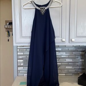 Elegant Navy Halter Dress with Silver Accents
